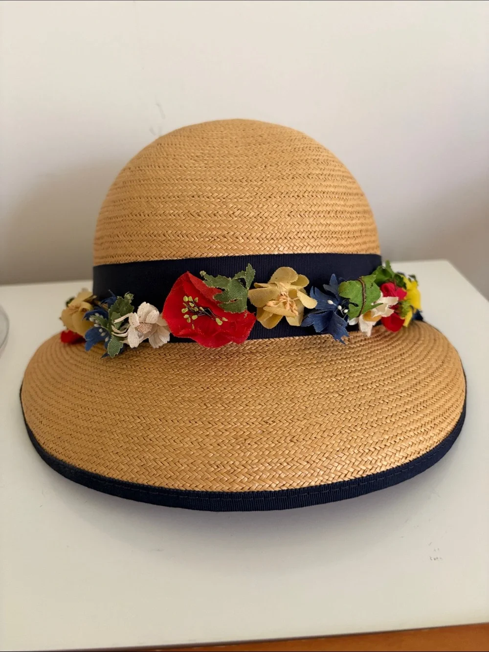 Vintage Girl’s Straw Sun Hat with Navy Trim, Floral band & Navy Chin Straps
